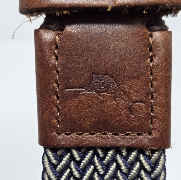 TOMMY BAHAMA BRAIDED WOVEN STRETCH BELT BLUE & KHAKI BROWN LEATHER END MEN L/XL - Picture 7 of 12